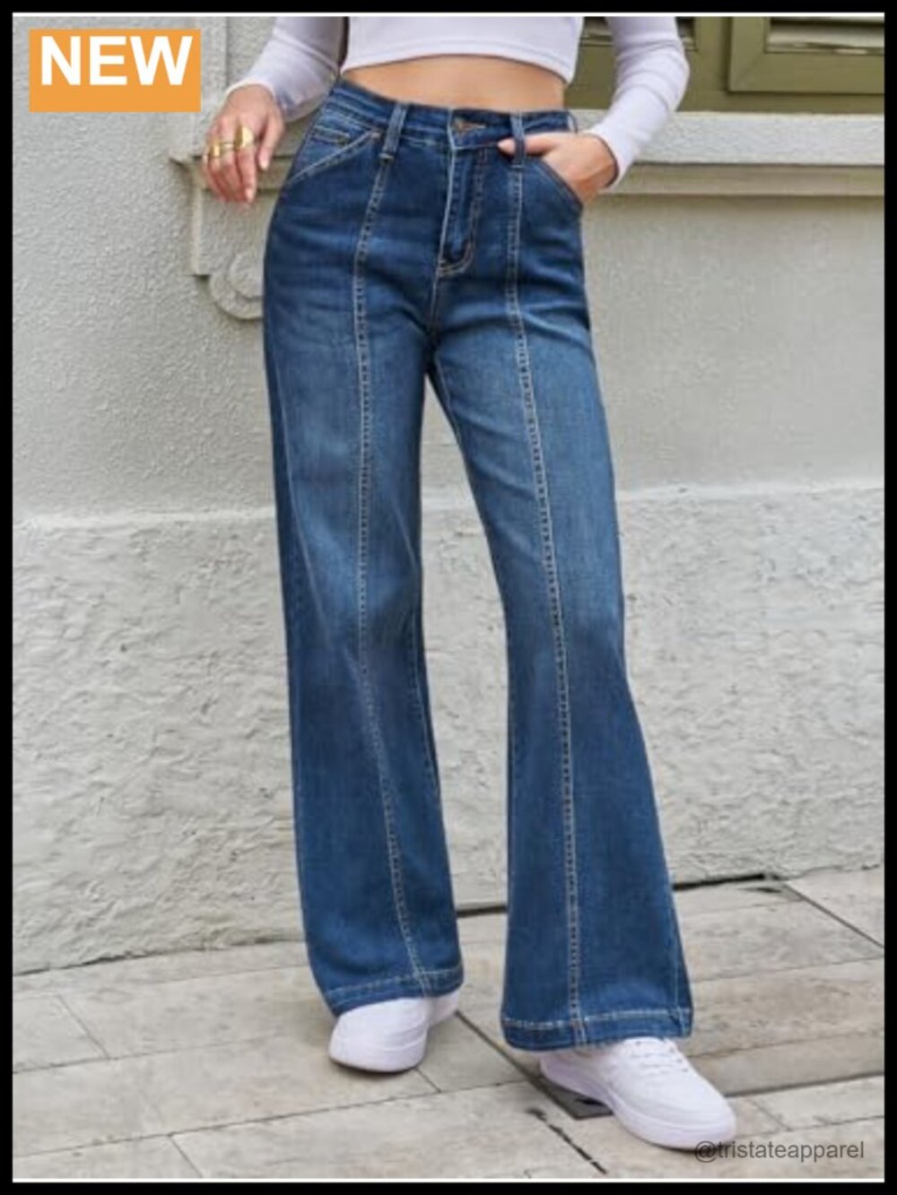 High Waisted Wide Leg Baggy Jeans with Pockets Front Seam Stretch Denim - Picture 4 of 6